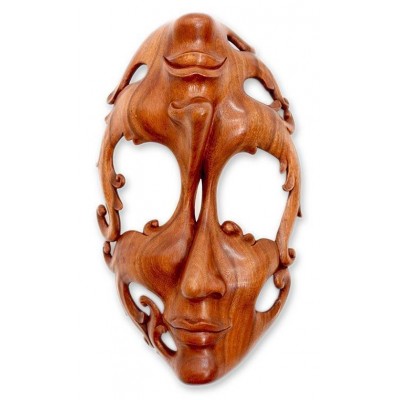 Wood Mask Sculpture Surreal Wall Art Hand Carved 'Joy and Sorrow' NOVICA Bali   362413189869